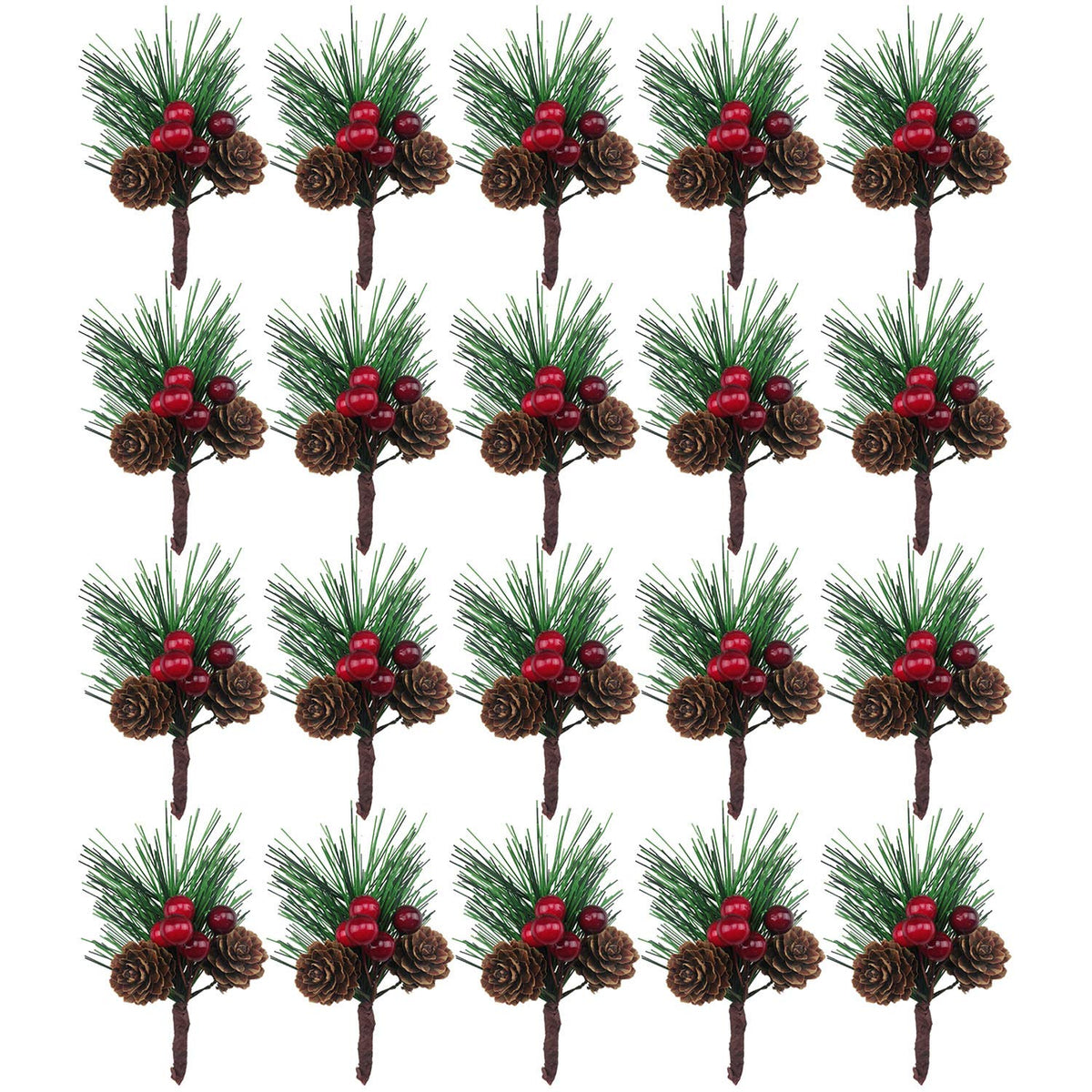 BLEBRDME 20PCS Artificial Pine Picks Small Pine Tree Plants Red Pinecones for Christmas Flower Arrangements Wreaths and Holiday Decorations
