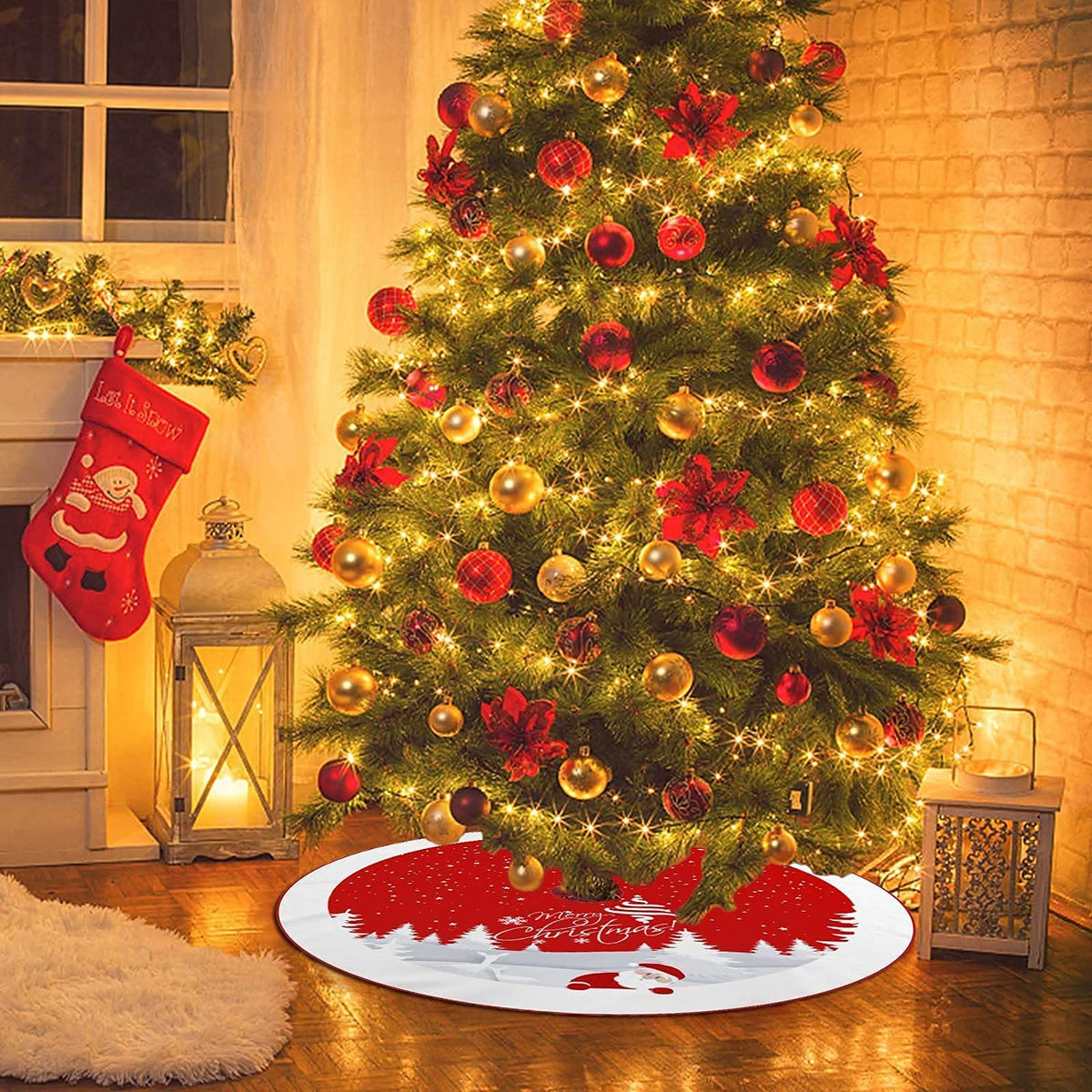 Christmas Tree Skirt Red Xmas Tree Ornaments for White Soft Plush Christmas Tree Mat with Snowy Pattern for Decorations Holiday Party 48 inches