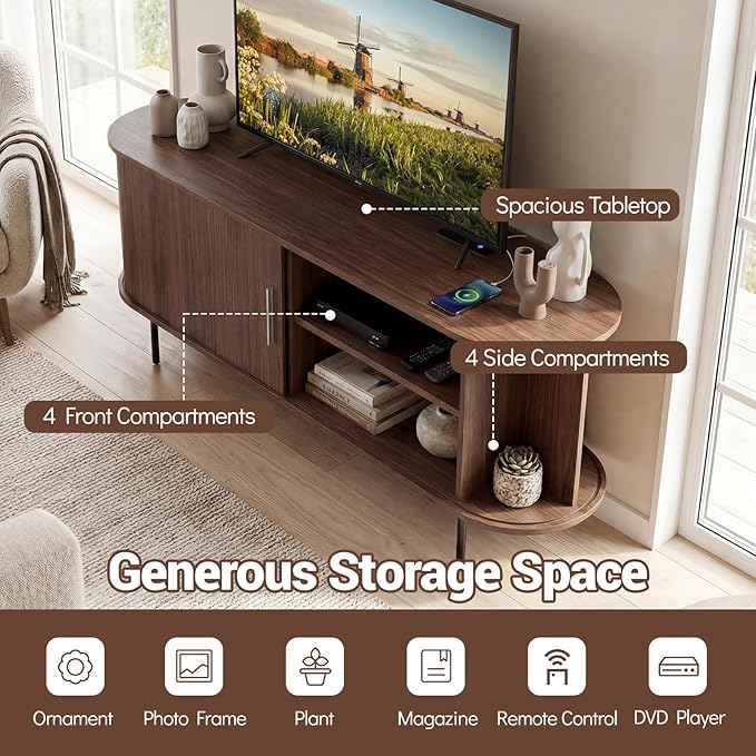 Tangkula Fluted TV Stand for TVs up to 60”, Mid Century Curved Entertainment