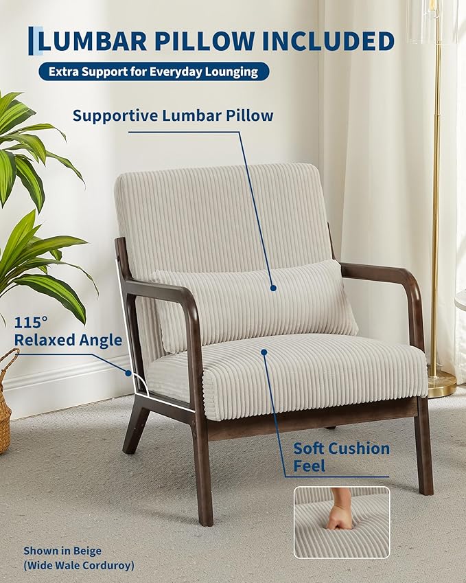 Garvee Mid-Century Modern Accent Chair, Wide-Wale Corduroy Upholstery, Solid