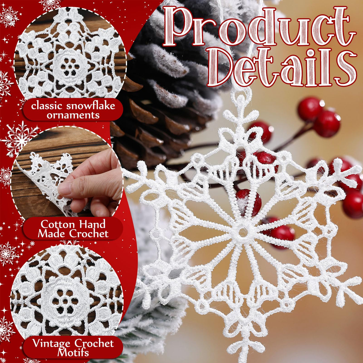 HunnmingRe 48 Pcs Crochet Snowflake Ornaments Winter Crocheted Snowflake Bulk 12 Styles Hanging Decor for Winter Decorations Christmas Wonderland Tree Wall Holiday Party Woven Gift