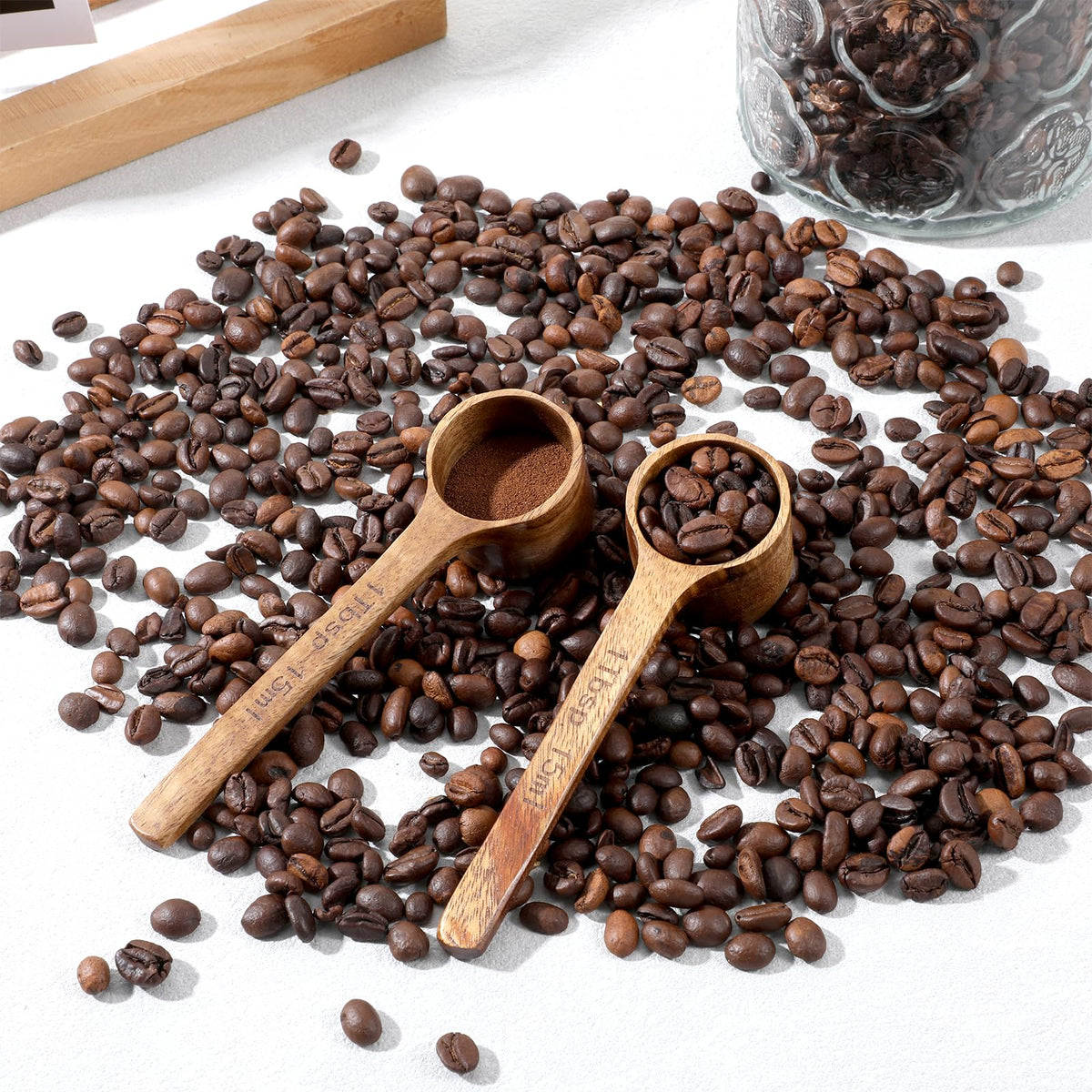8 Pcs Wooden Measuring Scoops, 15ml/1Tbsp Wooden Scoops for Canister Jars, Acacia Wood Coffee Ground Measure Scoop Set, Kitchen Accessories for Coffee Beans Tea Sugar Bath Salt Washing Powder