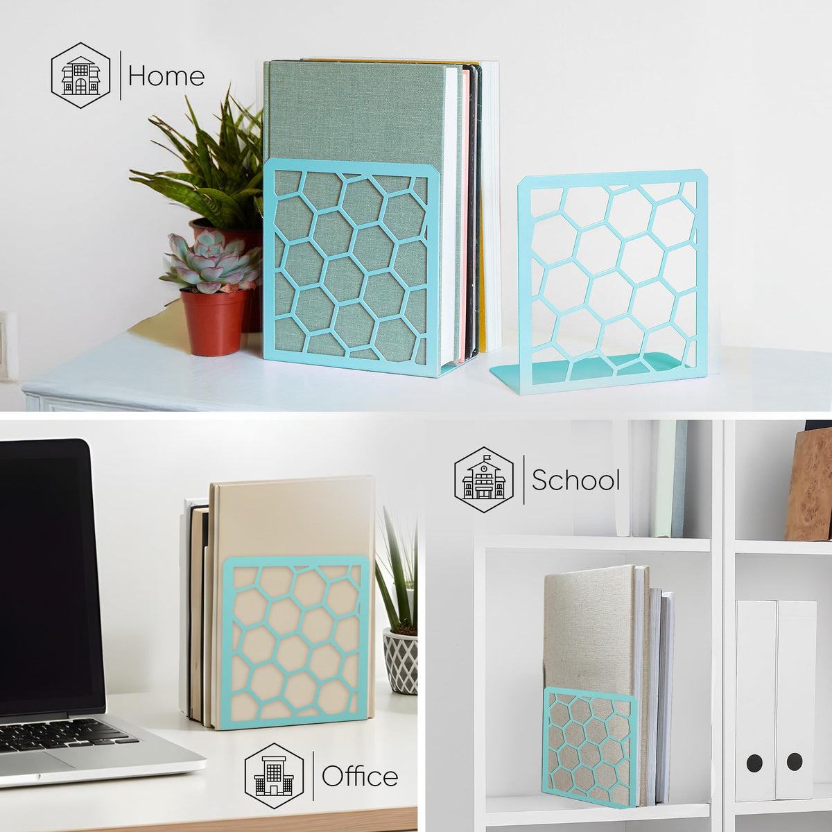 Turquoise Geometric Honeycomb Metal Bookends - Book Ends for Shelves - Decorative Modern Heavy Duty Bookend Stopper - Book Ends for Heavy Books - Home Office Book Holder - 1 Pair, 6x3.25x6.25 in
