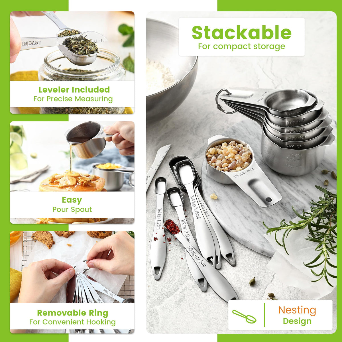 Spring Chef Stainless Steel Measuring Cups and Spoons Set of 14 with Leveler, Nesting Kitchen Metal Measuring Cups and Spoons Set for Dry and Liquid Ingredients, Perfect for Cooking & Baking