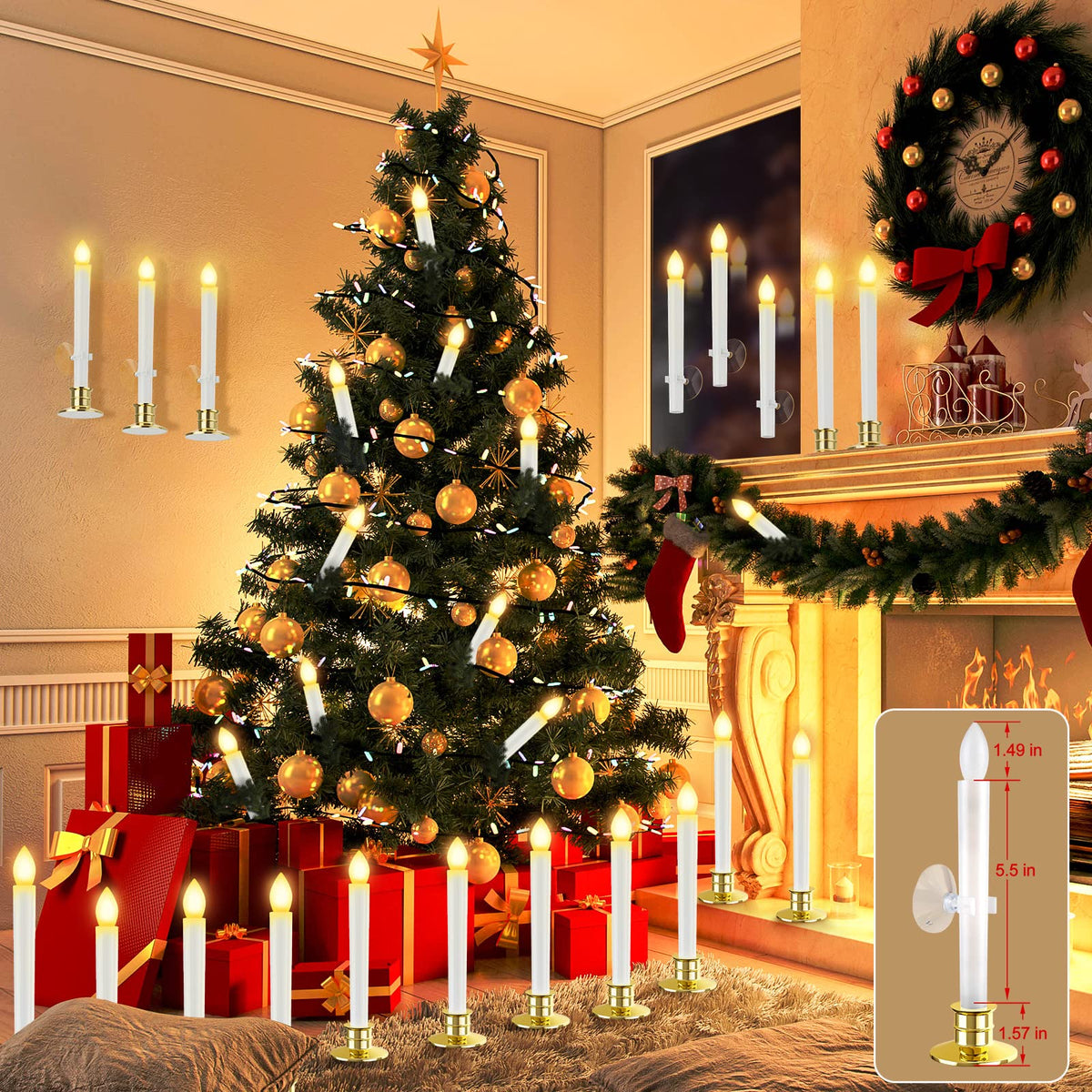 HINZER 8PCS Christmas Window Candles with Timer Remote Battery Operated Candles LED Lights Christmas Decorations Electric Flickering Window Lights for Home Decor