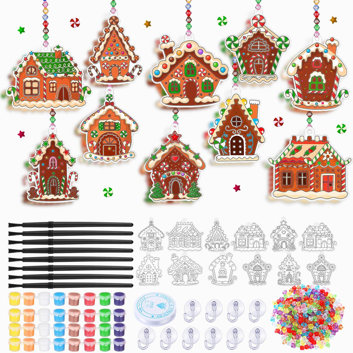 Beeveer 30 Sets Christmas Ornament Gingerbread House Suncatchers Window Art Kits, DIY Suncatchers Bulk Crafts Paint Your Own Window Ornaments for Boys Girls Classroom Party Birthday Activity Decor