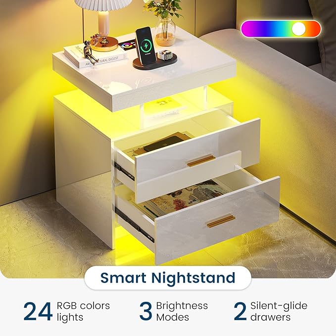 HNEBC Auto LED Nightstand with Wireless Charging Station & USB Ports, High