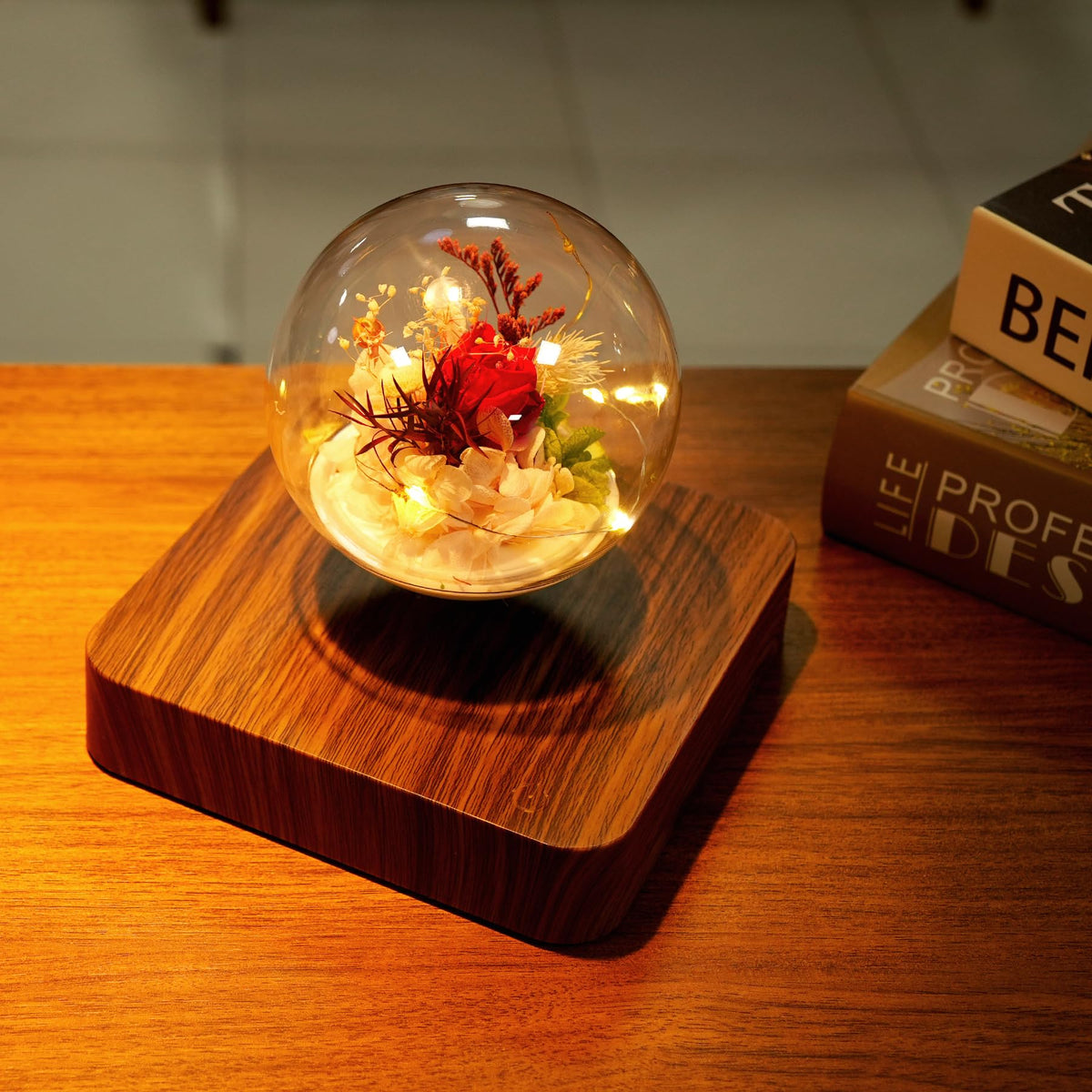 MAGECMOON Magnetic Levitation Preserved Flower, Forever Real Eternal Roses, Floating Lamp Levitating LED Light Bulb, Gifts for Kids Lover Friends (Dark Brown Base, 5.5"*5.5" (Plastic))