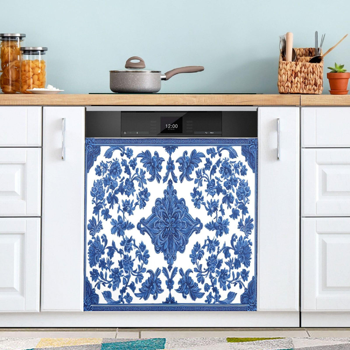 Blue White Porcelain Dishwasher Stickers Magnetic Cover Floral Leaves Kitchen Fridge Magnet Covers Decals Home Decorations Vinyl Sticker Reusable 23W x 26H inches