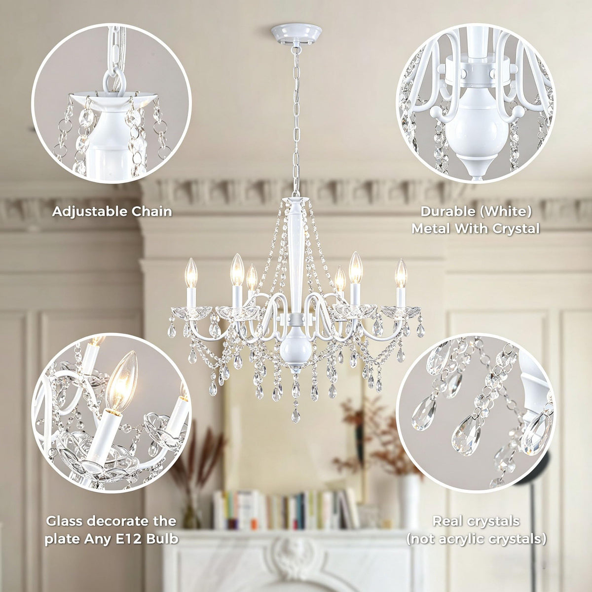 White Crystal Chandelier, 6-Light Modern Chandelier for Dining Room Light Fixture, Elegant Crystal Pendant Ceiling Light Fixture, 25" French Candle Chandelier for Bedroom Living Room Kitchen Entryway