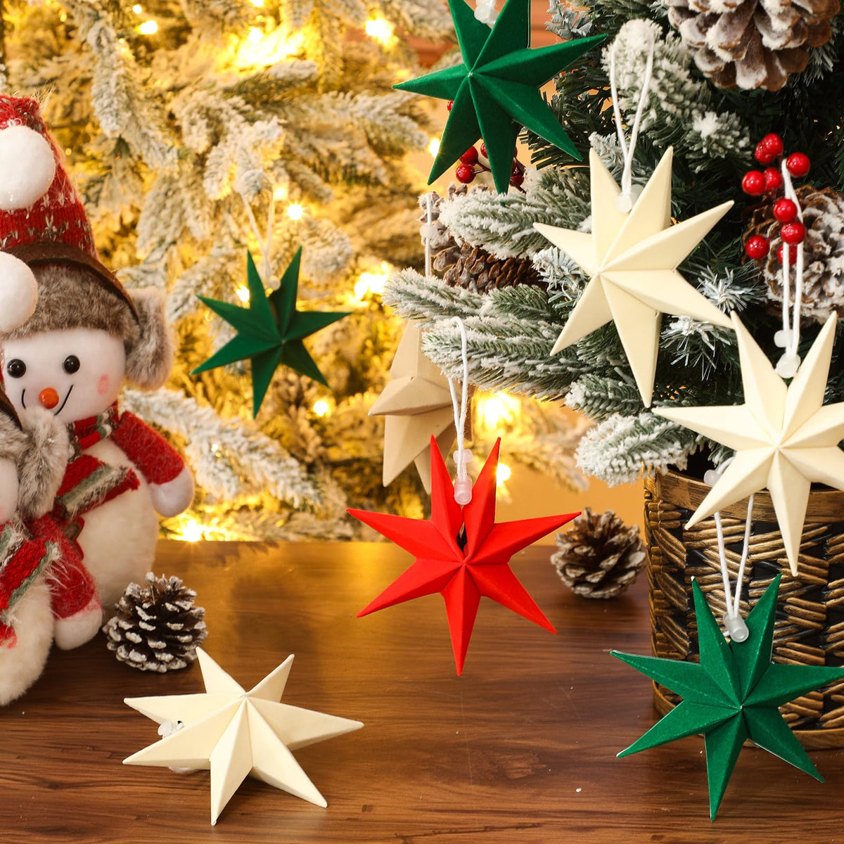 VIHOSE 12 Pcs Velvet Christmas Paper Star Ornaments 4 Inch Neutral Flocked Christmas Hanging Paper Ornament 7 Pointed Xmas Decorations for Xmas Tree Party Indoor Home Door Window