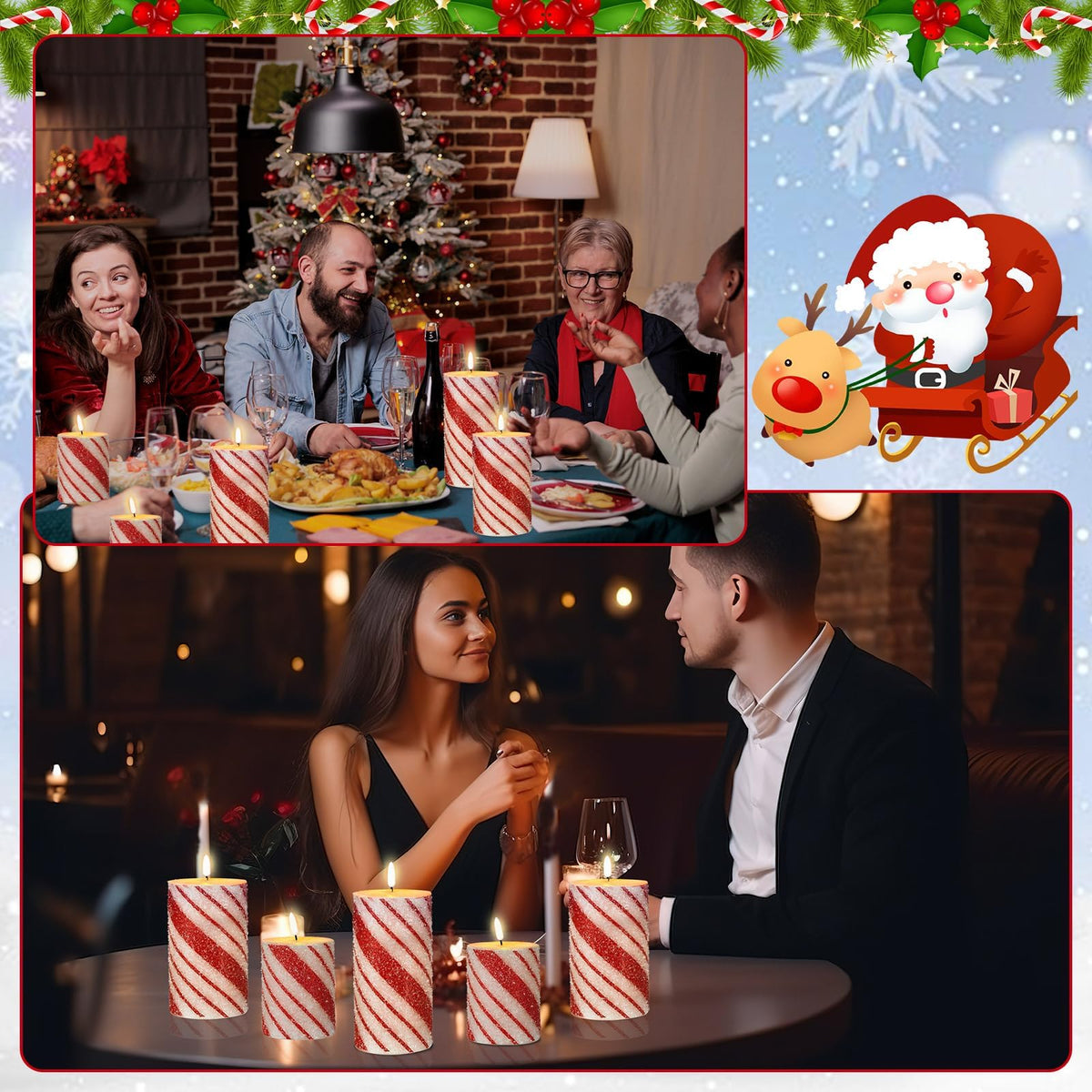 Lonfliness 5 Pcs Christmas Stripe Flameless LED Candles 6 Inch Christmas Candy Cane Candles with Sea Salt Granules Battery Operated Flickering Candlestick for Xmas Holiday Party Wedding Decor