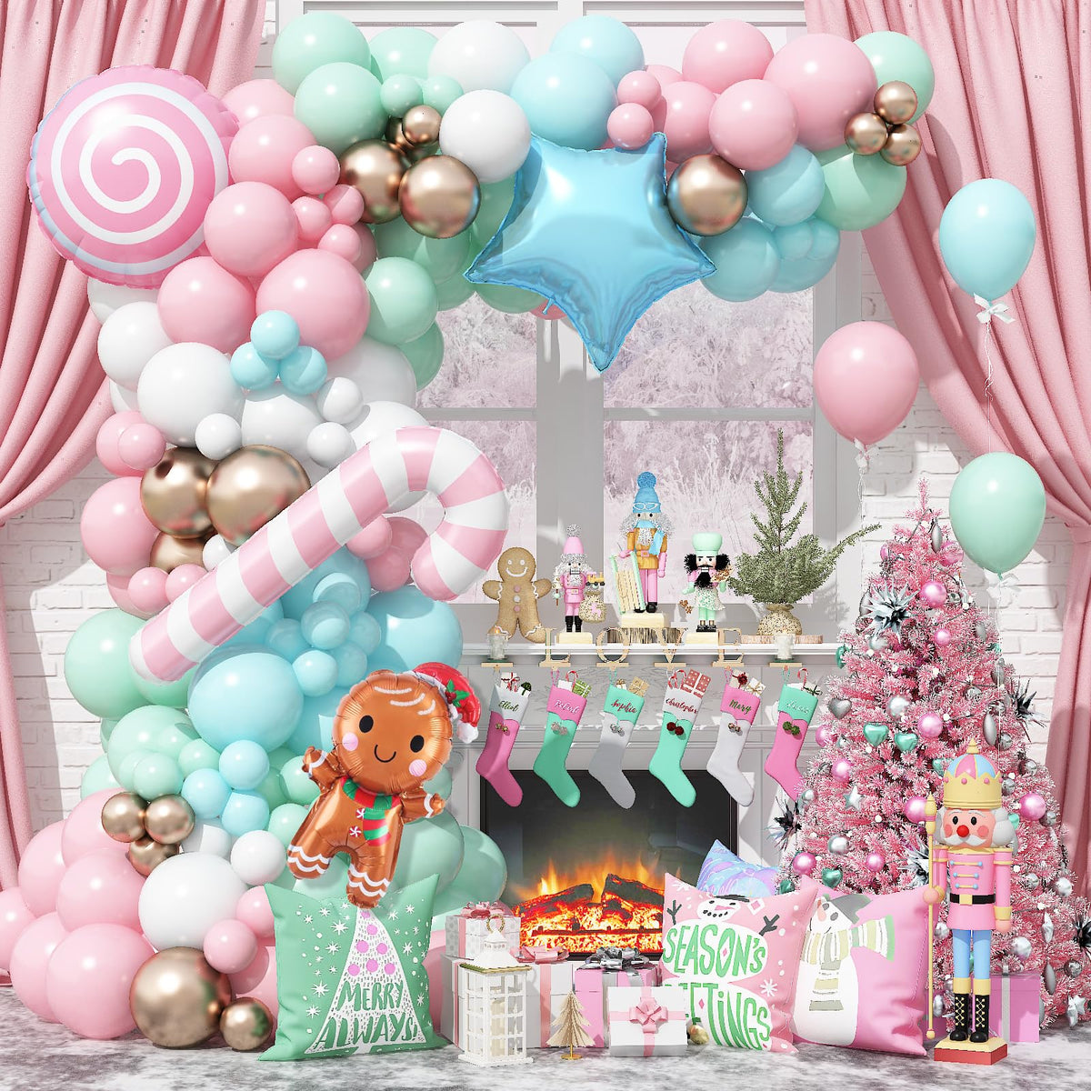 Christmas Balloon Garland Arch Kit, Nutcracker Balloon Pastel Pink Green Balloons Candy Cane Reindeer Peppermint Foil Balloons for Candyland Christmas Party Decorations Xmas Birthday Holiday Party