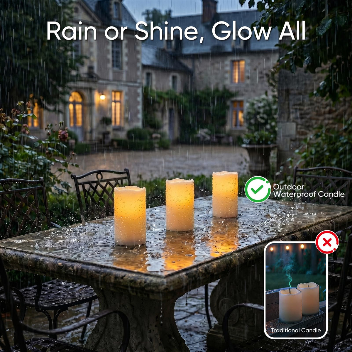 Raycare Outdoor Waterproof Flameless Candles-Auto Light Sensor Dusk to Dawn, Flickering LED Candle, Battery Operated Electric Fake Pillar Candle for Garden, Porch, Patio, Lantern Decor, (D3"xH4"5"6")