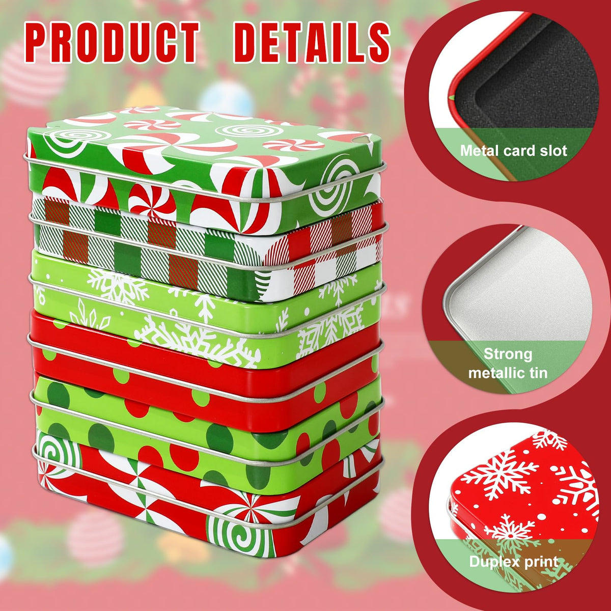 Whaline 10Pcs Christmas Tin Box Gift Card Holder Box with Lid & Sticker Red Green Metal Candy Boxes Xmas Tin Container for Stocking Stuffer Cards Crafts Party Favors Supplies