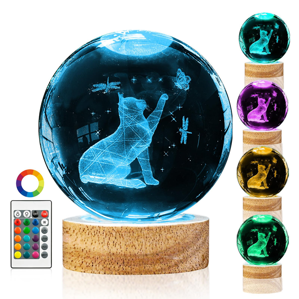 Crystal Ball Night Light Cat Lamp, 3.15 Inch Cat Figurines with 16 Color Wooden LED Base, Birthday &