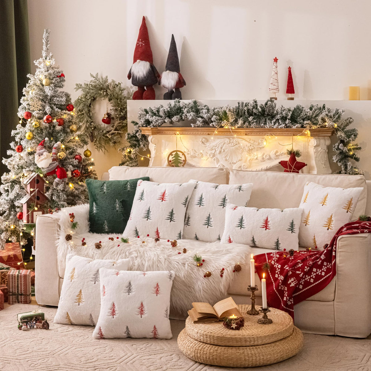 AQOTHES Christmas Tree Gold Throw Pillow Covers 18x18, Soft Faux Fur Embroidered Throw Pillows for Couch Sofa Cushion Covers Holiday Home Decor
