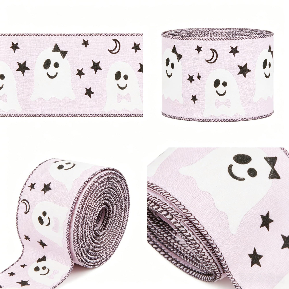 Meseey Pink Ghost Wired Ribbon 2.5 Inch x 20 Yards, Cute Spooky White Ghost Star Moon Linen Wired Edge Ribbon for Halloween Wreath, Gift Wrapping, Fall Birthday Party DIY Craft Decor