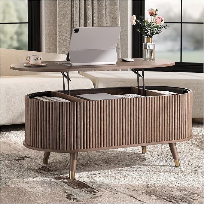 SULIVES Oval Coffee Table with Storage, Small Fluted Center Table