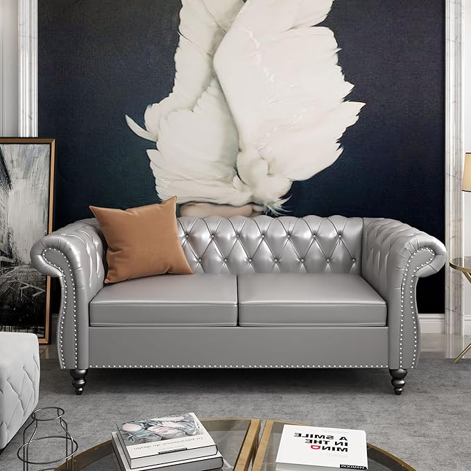 ORRD 2 Piece Living Room Set, Chesterfield Leather Sofa Couch Chair