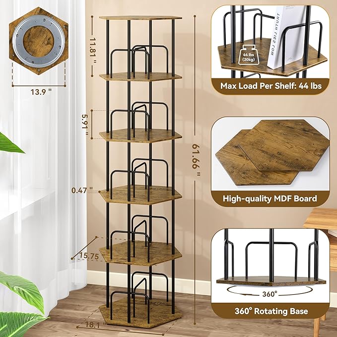 SUNMORY 5 Tier Rotating Bookshelf Tower, Revolving 360 ° Spinning Bookcase
