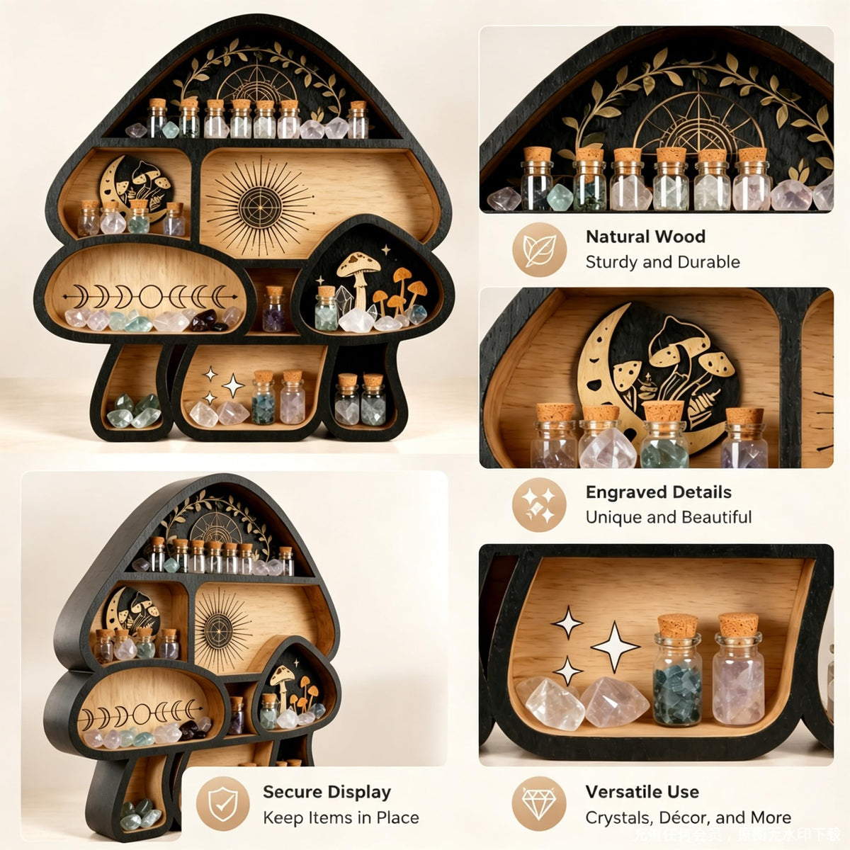 Zetosva Mushroom Crystal Shelf Display, Decor Wall Shelves, Crystal Holder, Mushroom Decorations and Trinket Shelf, Knick Knack Shelf, Unique Aesthetic Home Decor for Bedroom and Living Room