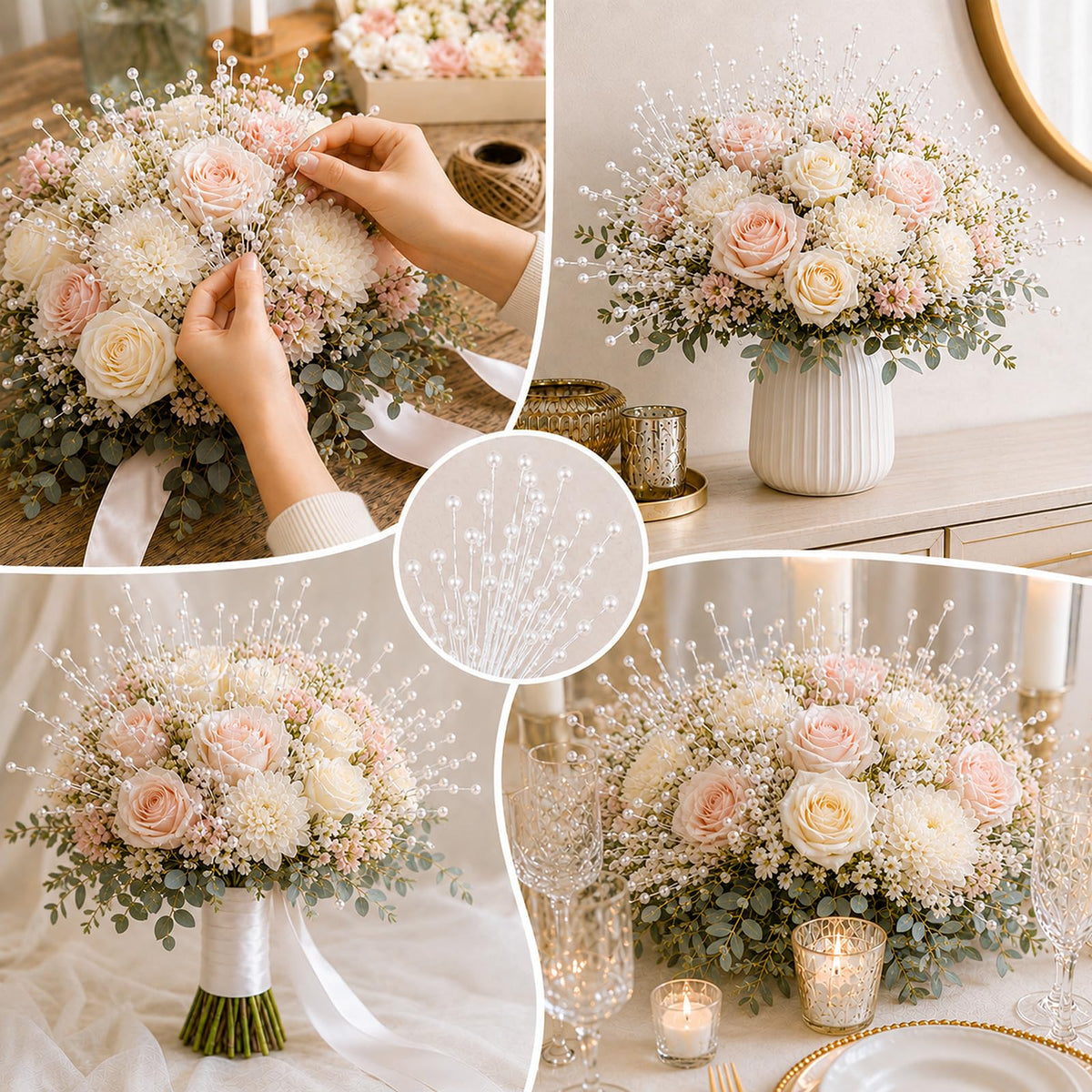 60 Pieces Pearl Stick Stems Bouquets, 4mm Bead String Garland Beaded Spray Filler Floral Arrangements Tree Picks Wedding Party Decoration, Mother's Day Flower Decor, Christmas Tree Picks (White)