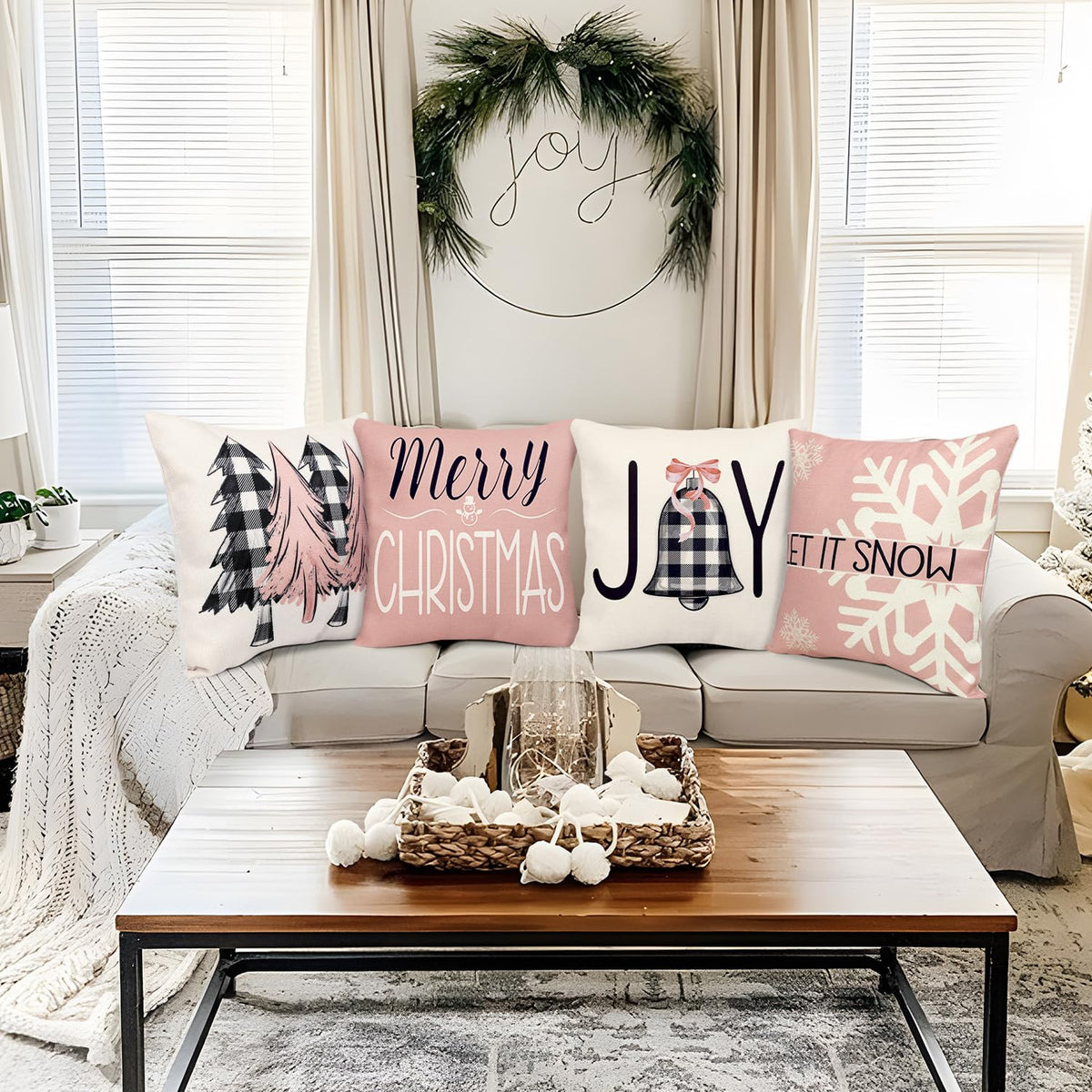 Geefuun Rose and Gold 18 x 18 Christmas Pillow Covers Decorations Indoor Home Pink Decor Set of 4 - Xmas/Holiday/Winter Bedroom Decorative Pillowcase for Couch, Bed（No Fillers）