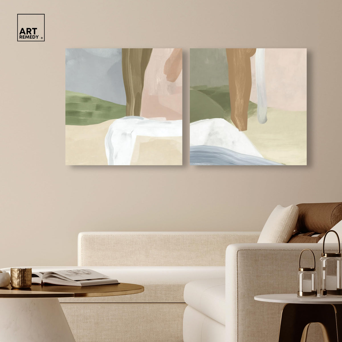 Mineral Duo Canvas Print Sage Wall Art Set by Art Remedy, Gallery Wrapped, 24 x 24