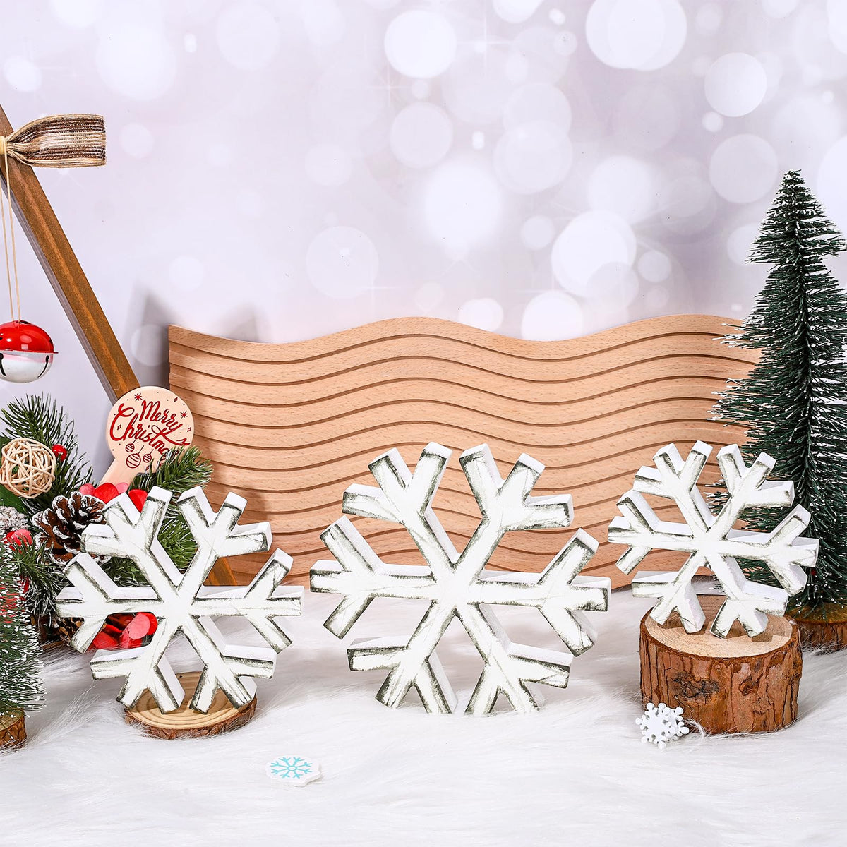 Whaline Winter Snowflake Wooden Table Decor Christmas Retro Snowflake Block Signs Tabletop Centerpiece 3 Sizes Farmhouse Snow Flake Tiered Tray Decor for Holiday Home Party Decor, 3Pcs