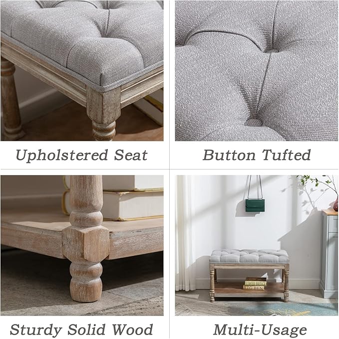 Farmhouse Storage Bench Wooden Entryway Linen Upholstered Ottoman Button Tufted