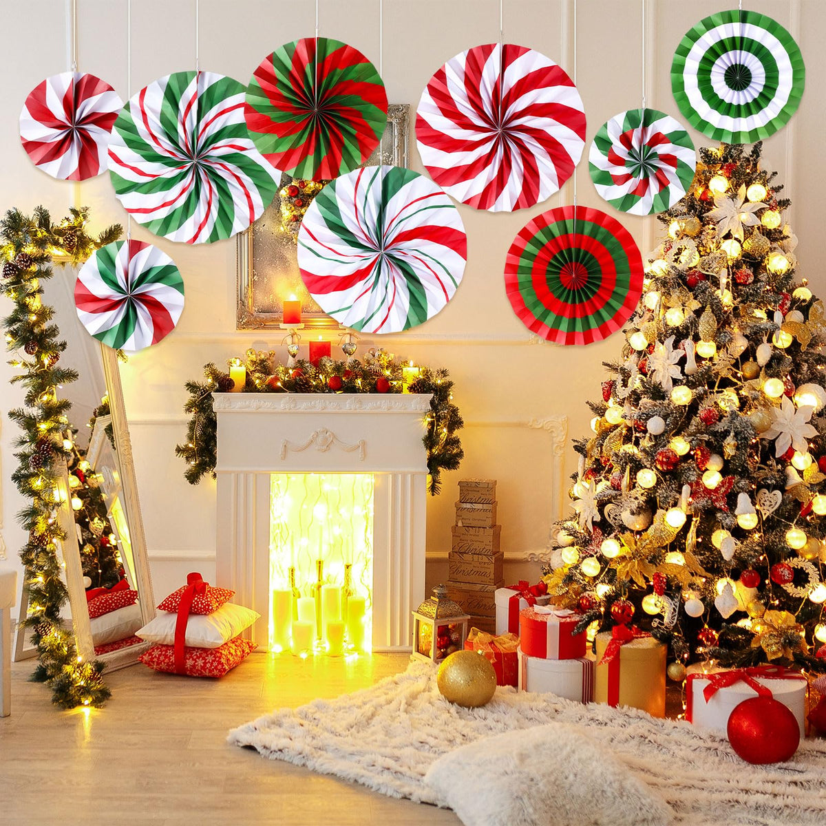 Outus Christmas Hanging Decorations Candy Paper Fans Peppermint Hanging Paper Fans Candy Cane Ceiling Wall Decor for Christmas Party Classroom Birthday Party(9 Pcs,Fresh)