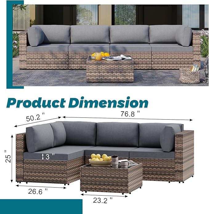 SUNLEI 5 Piece Patio Furniture Sets, Low Back All-Weather Rattan Sectional Sofa