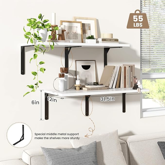 Fun Memories Floating Shelves for Wall, 12 Inch Deep Floating Shelves Set of 2