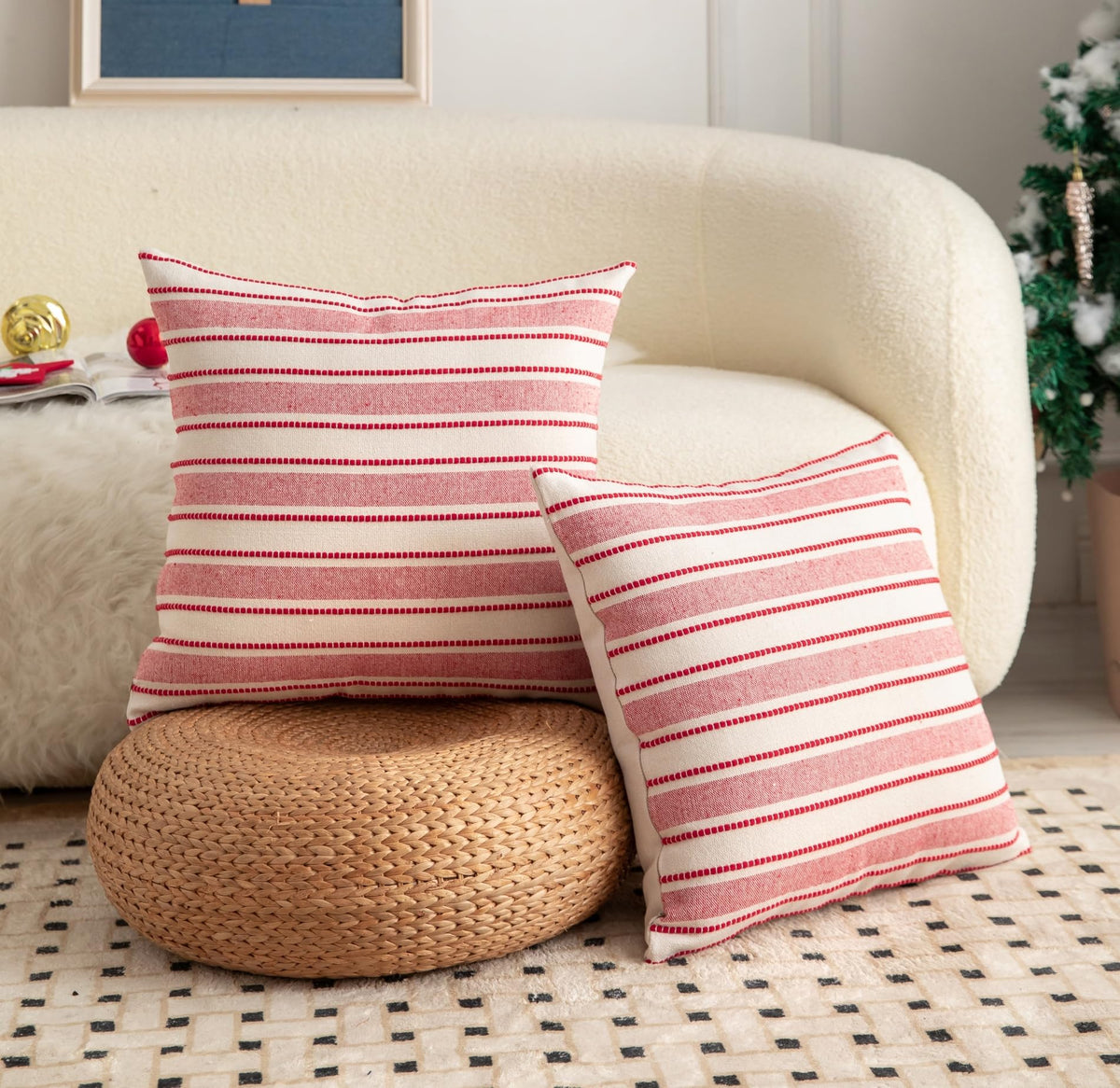 Cethom Christmas Pillow Covers, Boho Textured Red Pillow Case, Pillow Covers 20 x 20 Inch Set of 2 Christmas Decorative, Chair Sofa Bedroom Living Room Home Holiday Decor Cushion Case