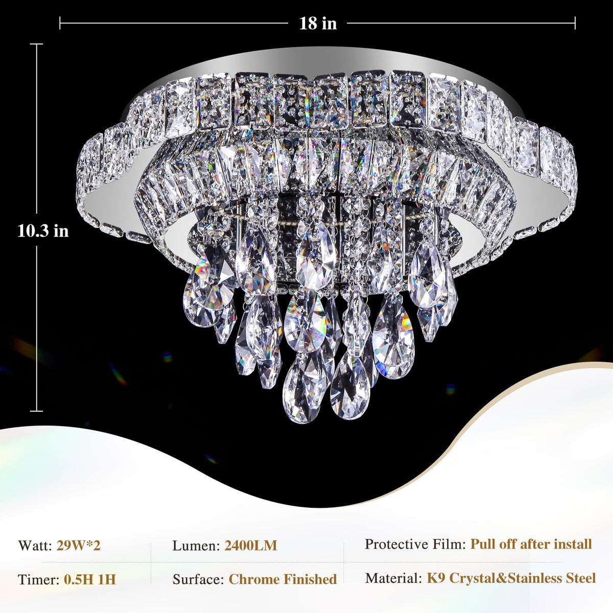 Kuailkag Silver 18" Modern Flush Mount Chandelier for Bedroom, LED Crystal Ceiling Light Over Table,Elegant Dining Room Lighting Fixture with Remote Control, 3CCT Dimmable