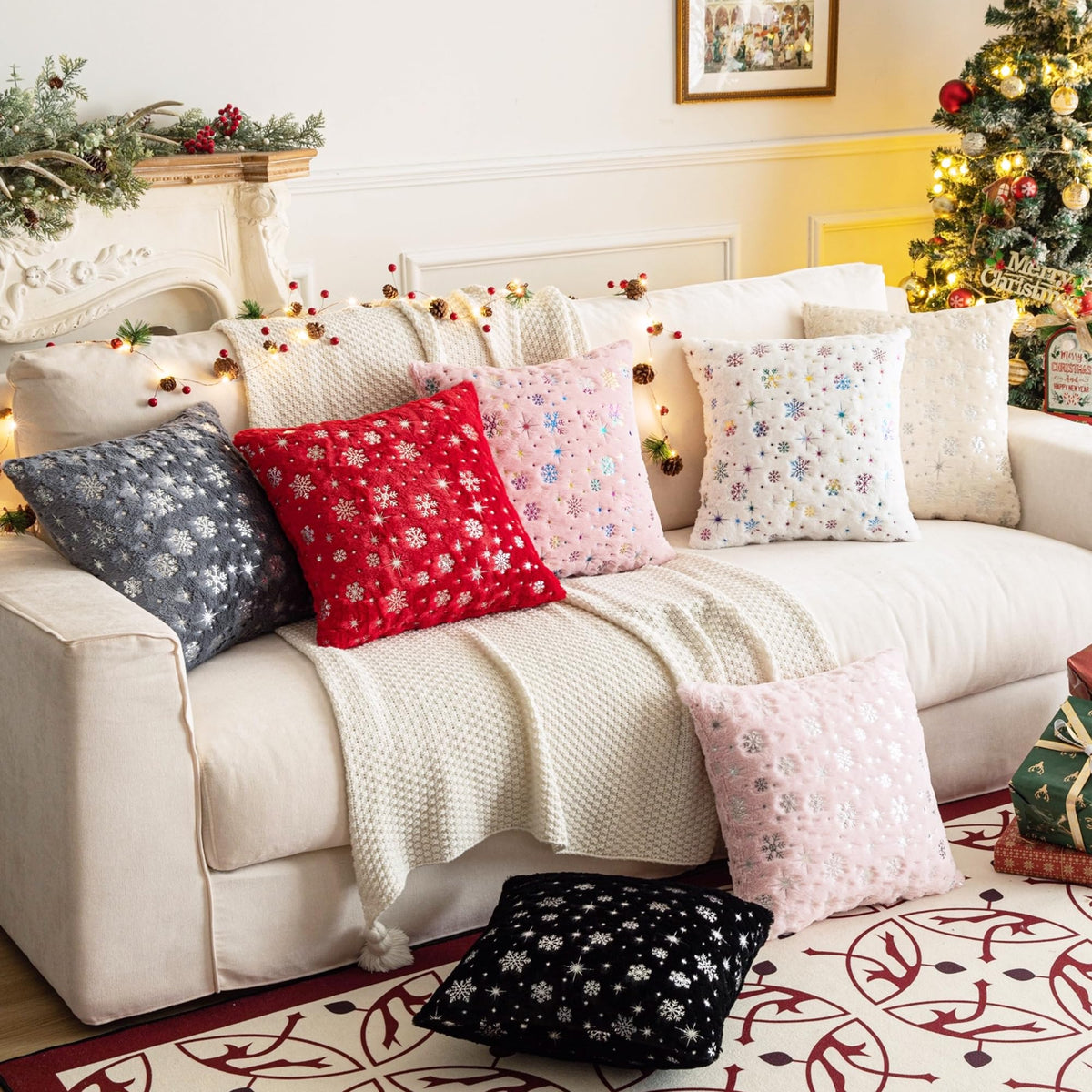AQOTHES Soft Faux Fur Fuzzy Cute Decorative Throw Pillows Covers with Snowflake Glitter Printed Pillowcases for Christmas Decor Home Bed Room Sofa Chair Couch, Bright Pink 18x18 inch, Pack of 2