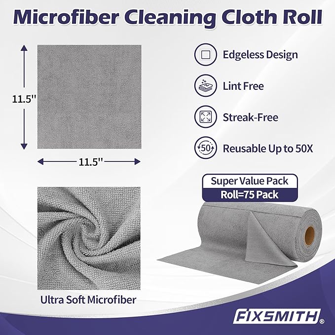 FIXSMITH Microfiber Cleaning Cloth Roll -75 Pack, Microfiber Towel Roll Tear