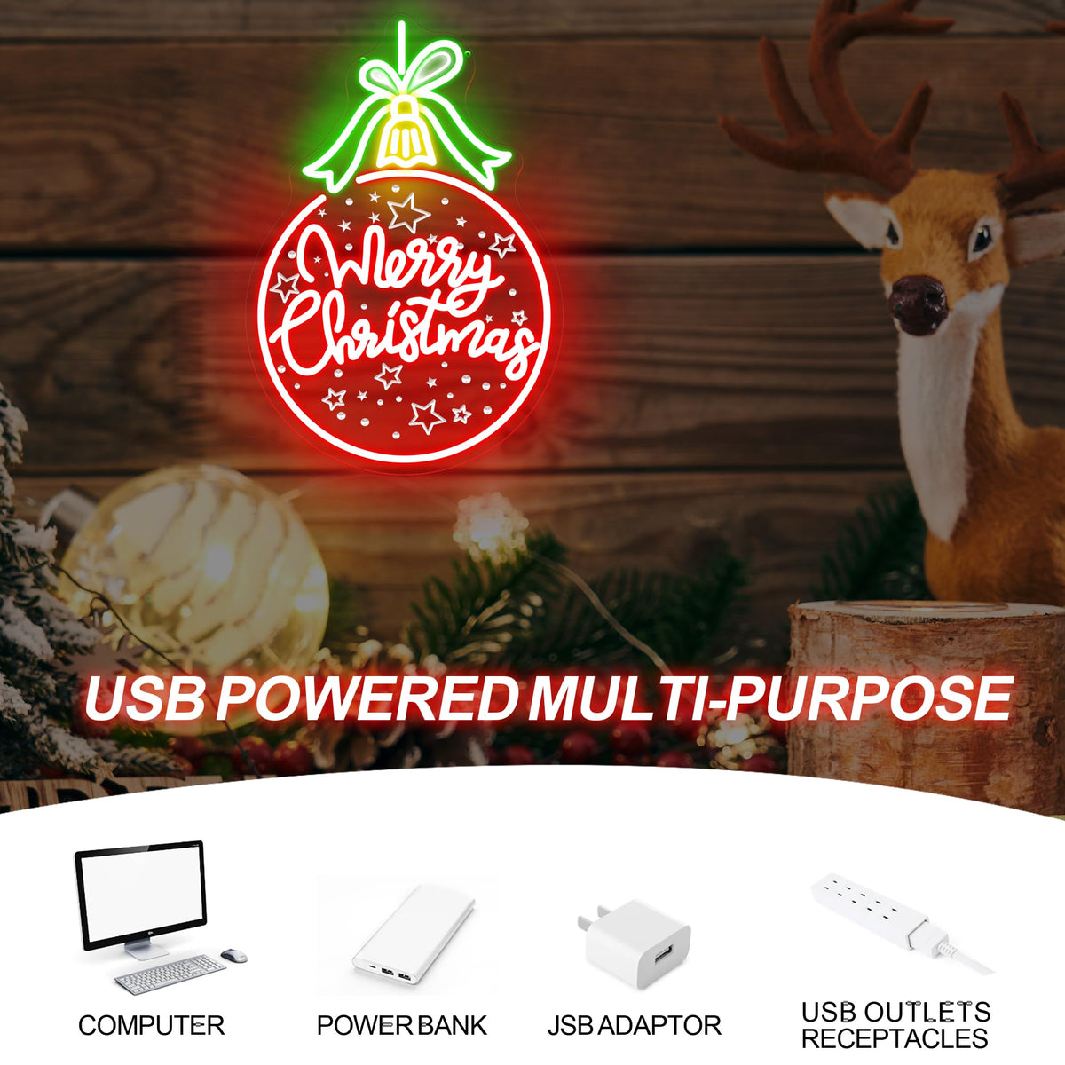 Red Christmas Ball Ornament with Green Bowknot, LED Light-Up "Merry Christmas" Lettering, Engraved Star Patterns, USB-Powered with 5 Brightness Levels, Festive Hanging Decoration 17.7″×12.2″