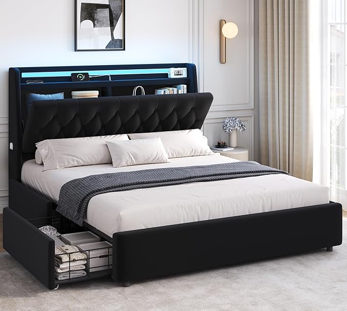 Full LED Velvet Bed Frame with 2 Storage Drawers&Hidden Headboard, Upholstered
