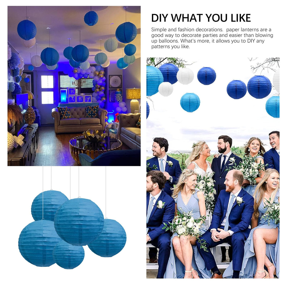 20Pcs Royal Blue Paper Lanterns for Parties, 6” 8” 10” 12” Chinese Asian Hanging Round Paper Lanterns for Birthday Wedding Halloween Christmas Home Decor Party Decor