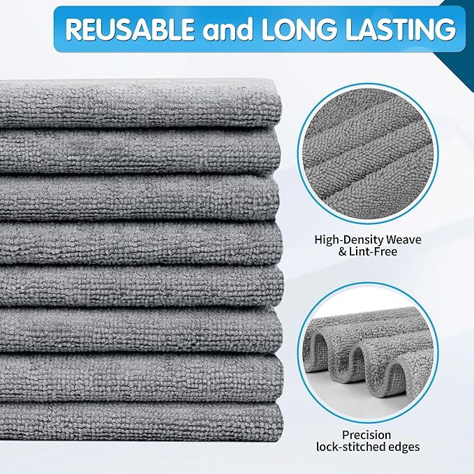 FIXSMITH Grey Microfiber Cleaning Cloth -Pack of 8, Highly Absorbent Cleaning