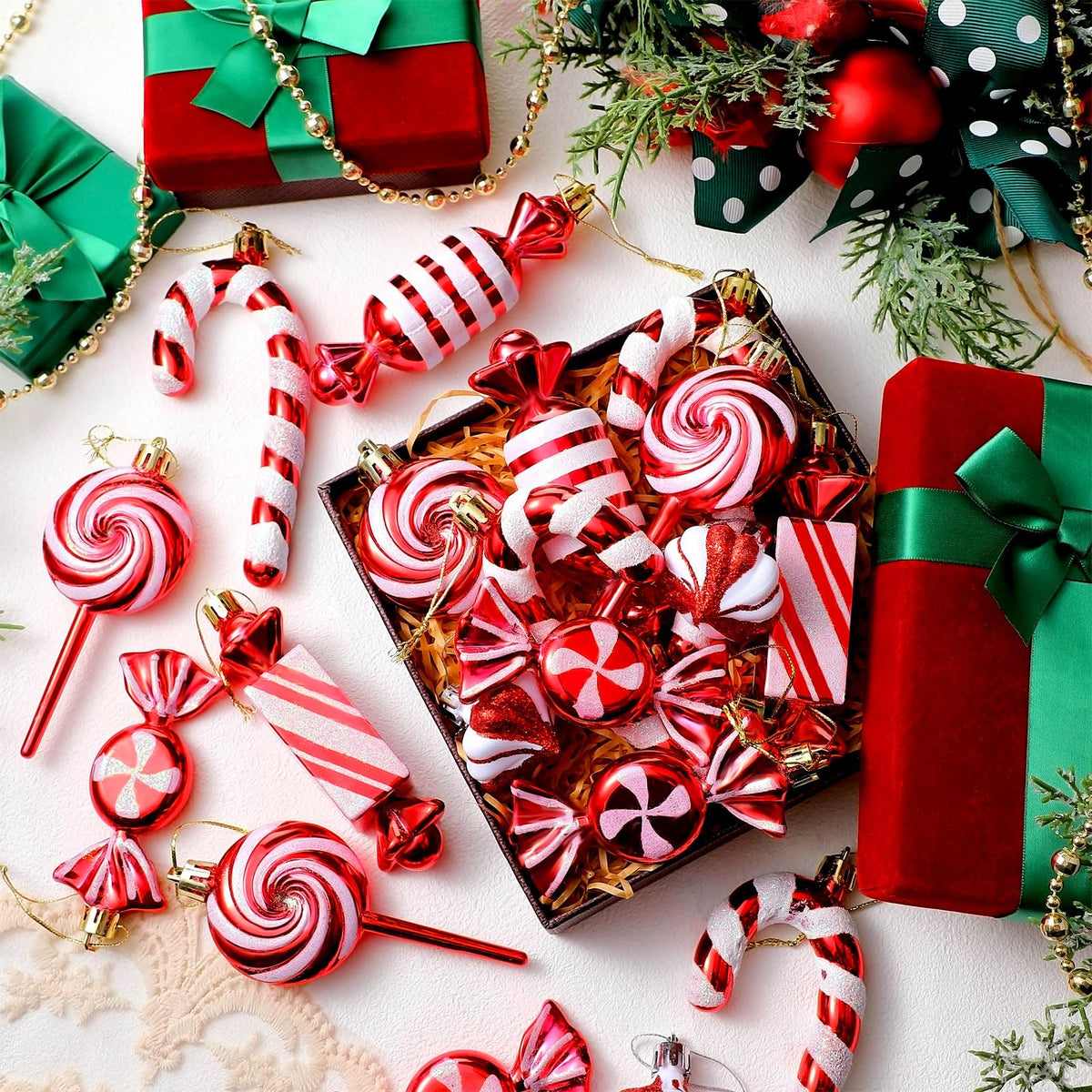 Realspring 30 Pcs Christmas Candy Ornaments Peppermint Candy Cane Christmas Decorations Plastic Lollipop Hanging Ornaments with Rope for Xmas Tree Party Holiday Supplies(Red White)