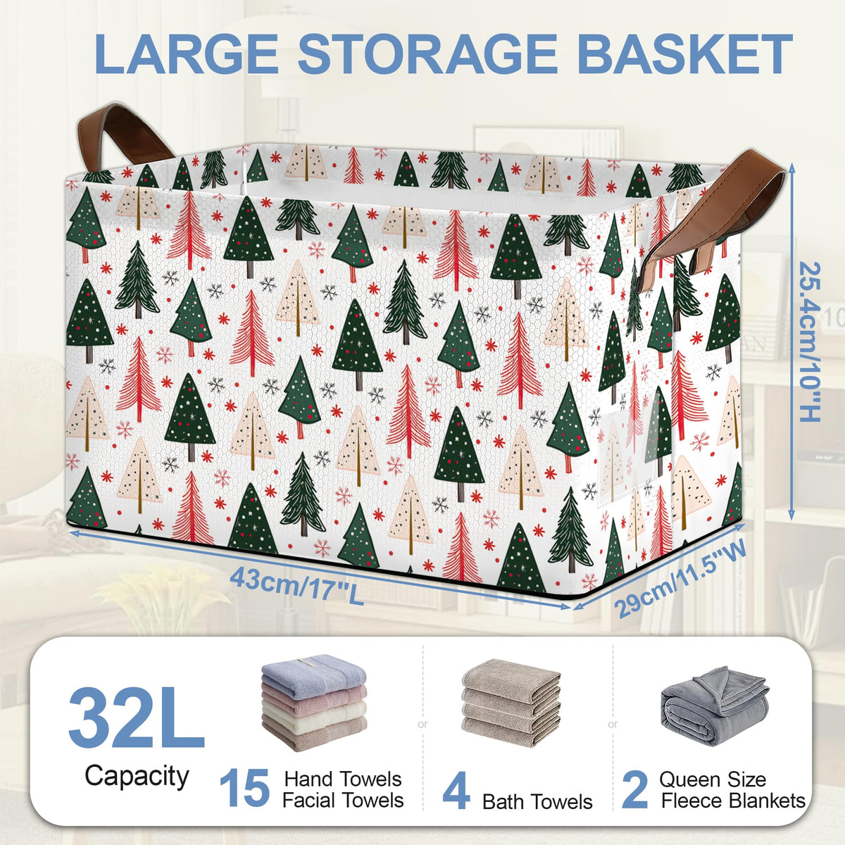 Masarua Christmas Tree Collapsible Storage Box,Winter Organizer Bin with Handles for Room Decoration,Bins Book Basket Box 17x11.5x10Inch