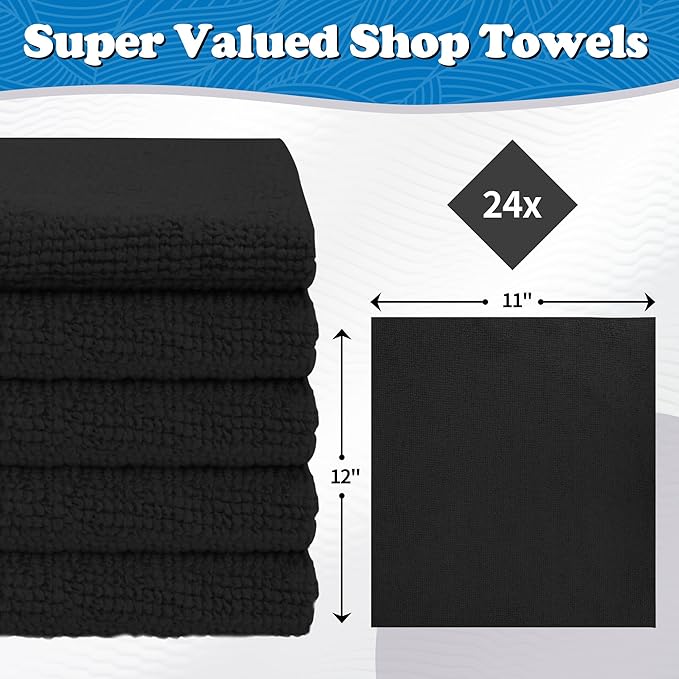FIXSMITH Microfiber Cleaning Cloth, Shop Towels Bulk, 24 Pack Black Microfiber