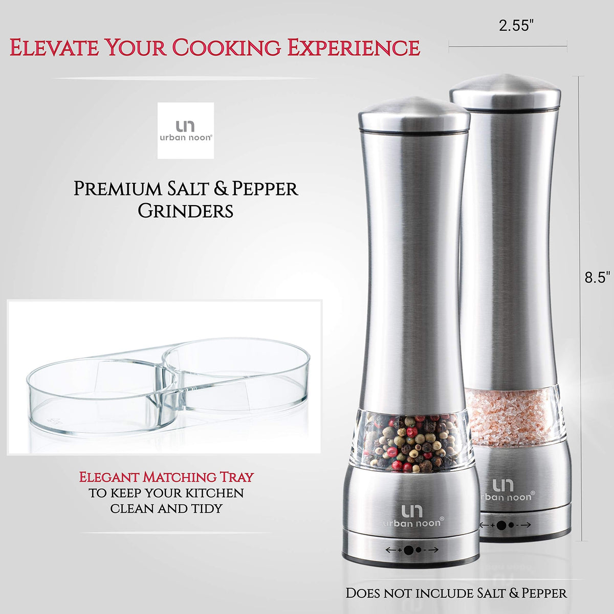 Salt and Pepper Grinder Set - Large Capacity Stainless Steel Pepper Grinder and Salt Grinder with Tray in Luxurious Gift-Box - Manual Mills with Ceramic Grinders and Adjustable Coarseness (Set of 2)