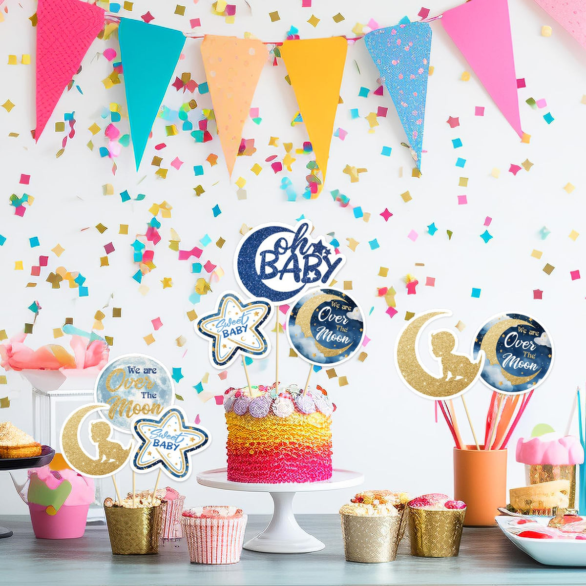 Little Star Oh Baby Centerpiece Sticks - We are Over the Moon Baby Shower Party Table Toppers - Girl Boy Baby 1st Birthday Party Decorations - Set of 15