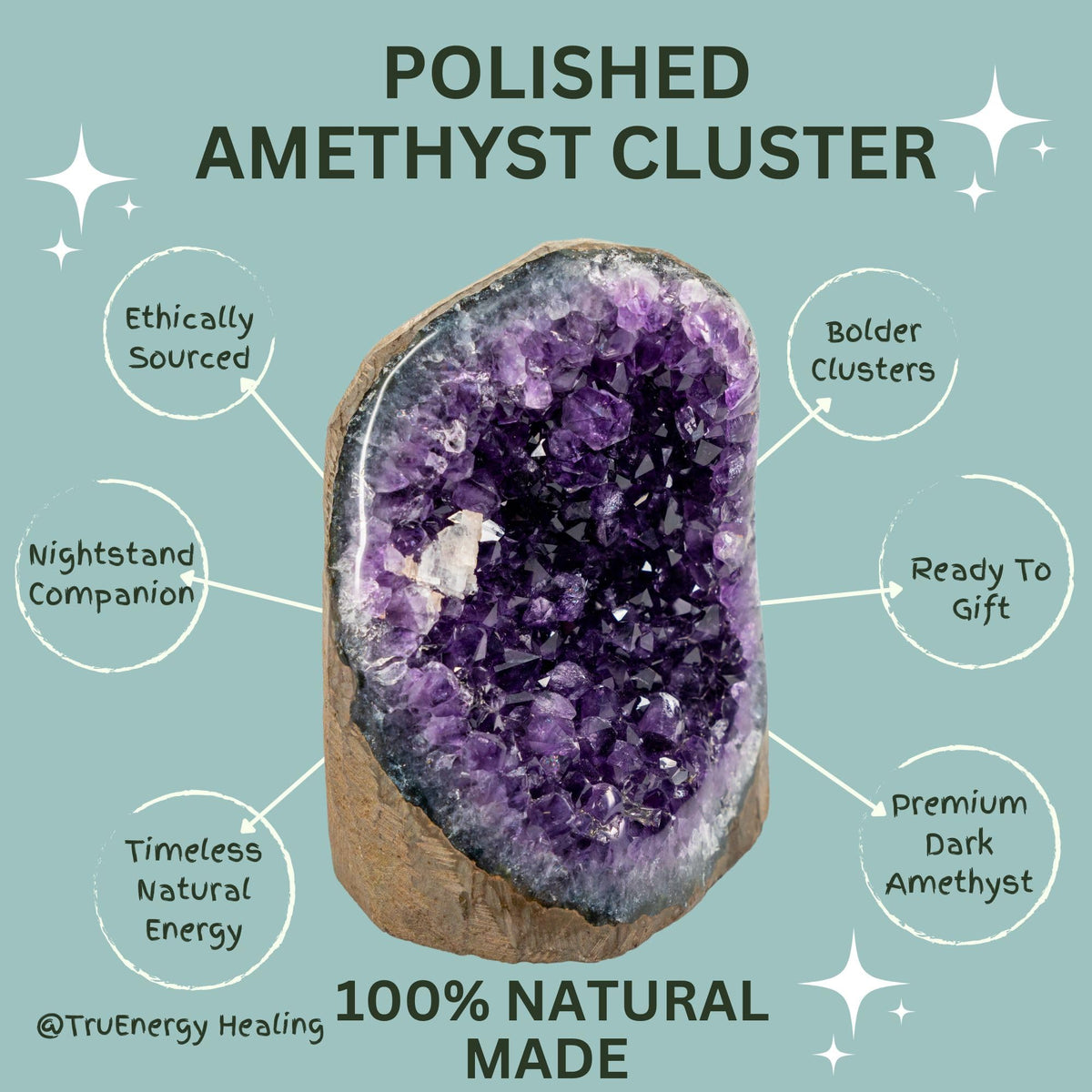 TRUENERGY Polished Amethyst Cluster Quartz Crystal – 1.5 To 2.0 lbs Grade A+ Raw Dark Purple Geode Stone With Rounded Edge – Home Decoration, Meditation Healing, and Positive Energy (1.5-2 lbs)