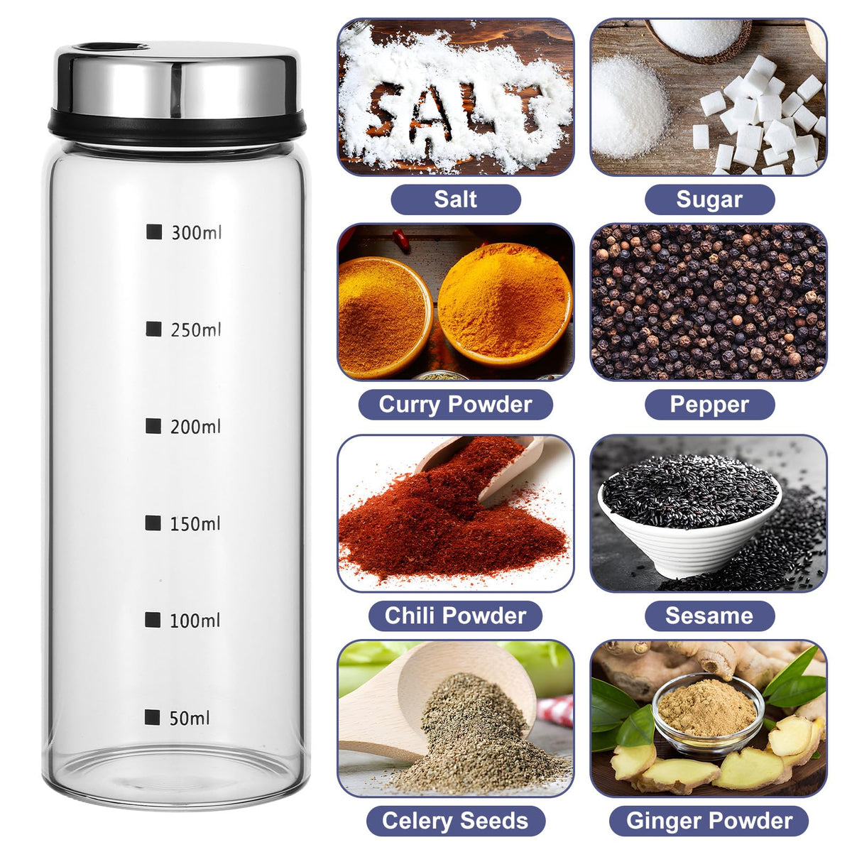 Kifmurase 4Pcs Salt Pepper Shakers with Adjustable Outlet Holes, 4 Sizes Clear Glass Shaker Bottles, Salt Shakers for Kitchen, Spice Seasoning Cans for Kitchen Decor Home Restaurant BBQ Camping