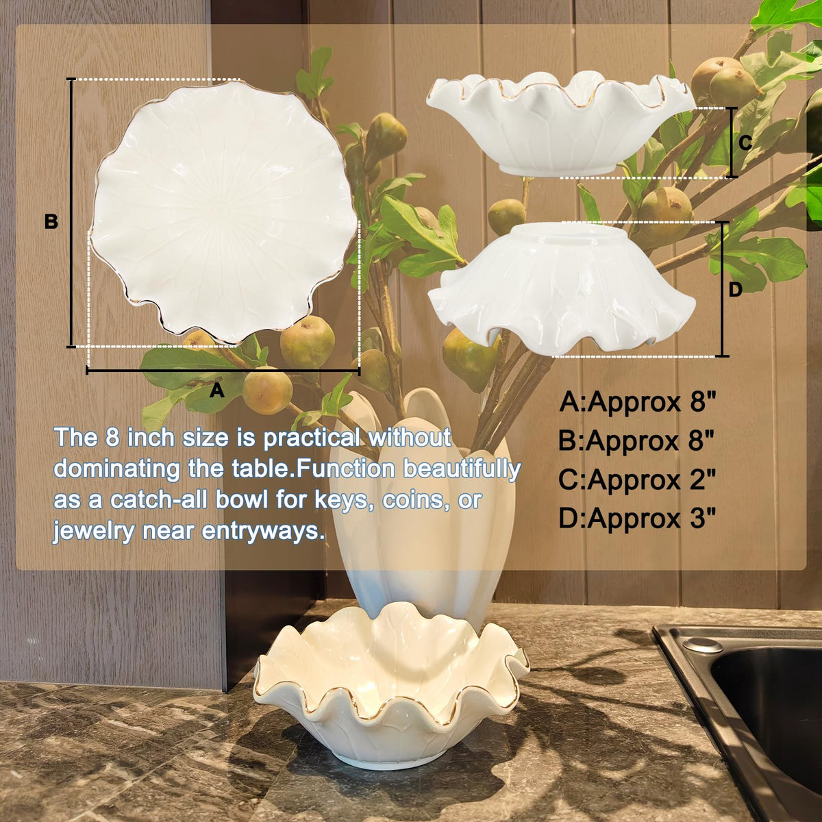 ALIWINER 8 Inch Small Lotus Ceramic Decorative Bowl, about15 oz Capacity, Modern Ruffle Lotus Leaf with Gold TrimDesign,Decorative Centerpiece for Entryway Tables, Coffee Tables,Kitchen Counters